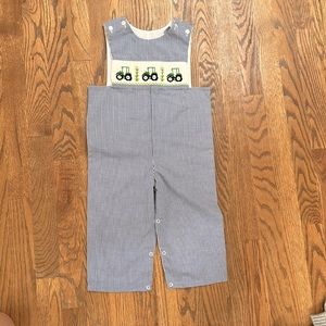 2T Boys blue white plaid tractor one piece Jon Jon